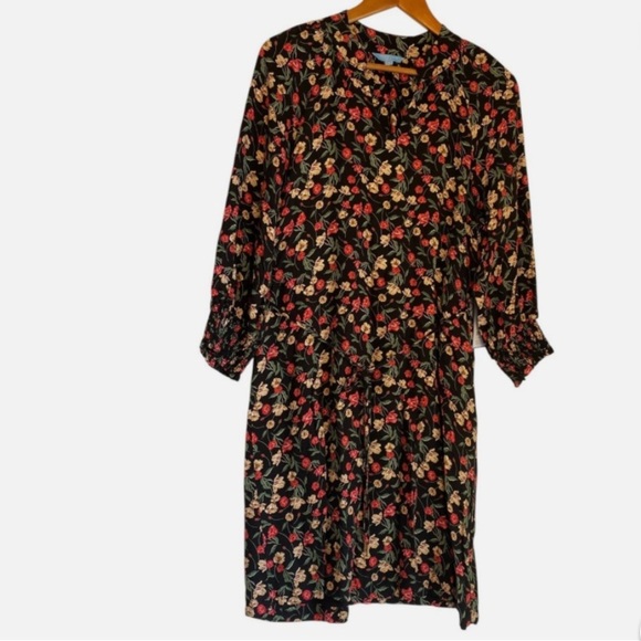 NWT Draper James Dress Women's Small Black Floral Long Sleeve Belted Sheath Boho - Picture 2 of 7